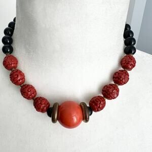 Vintage signed Alexis Kirk Black & Red Beaded Statement Bauble Choker Necklace